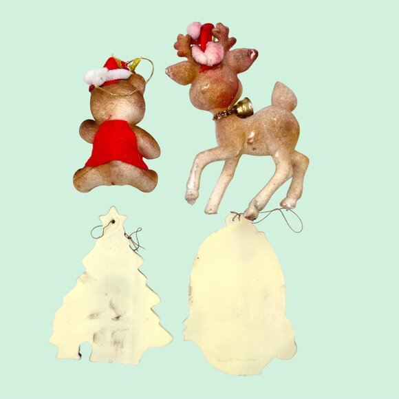 ADORABLE VINTAGE LOT OF 4 CHRISTMAS TREE ORNAMENTS FLOCKED REINDEER & BEAR - Picture 6 of 7